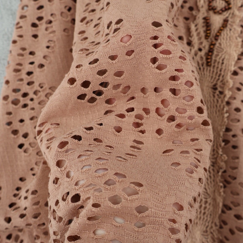 Free People Mini Dress Womens Med Brown Boho Eyelet Beaded Crochet Tunic Coverup - Picture 8 of 15